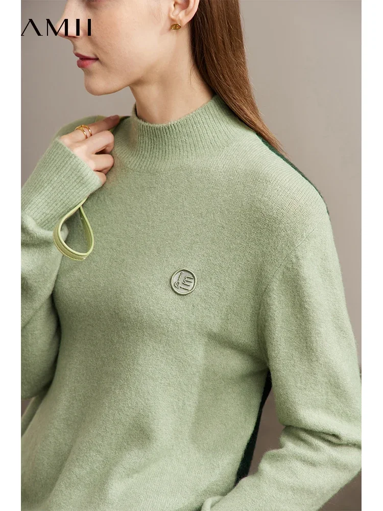 AMII Minimalism Commuter Half Turtleneck Sweaters for Women Letter Embroidered 2024 Winter Loose Contrast Color Tops 12454047