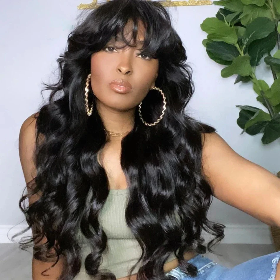 Body Wave Wig With Bangs Human Hair for Women Choice 30 inch Full Machine Made Wig Cheap on Sale 200 Density Human Hair Wig