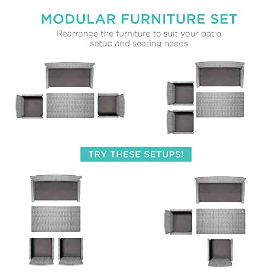 Outdoor wicker conversation set for backyard use: 4-piece patio furniture with coffee table and seat cushions, gray color, weat