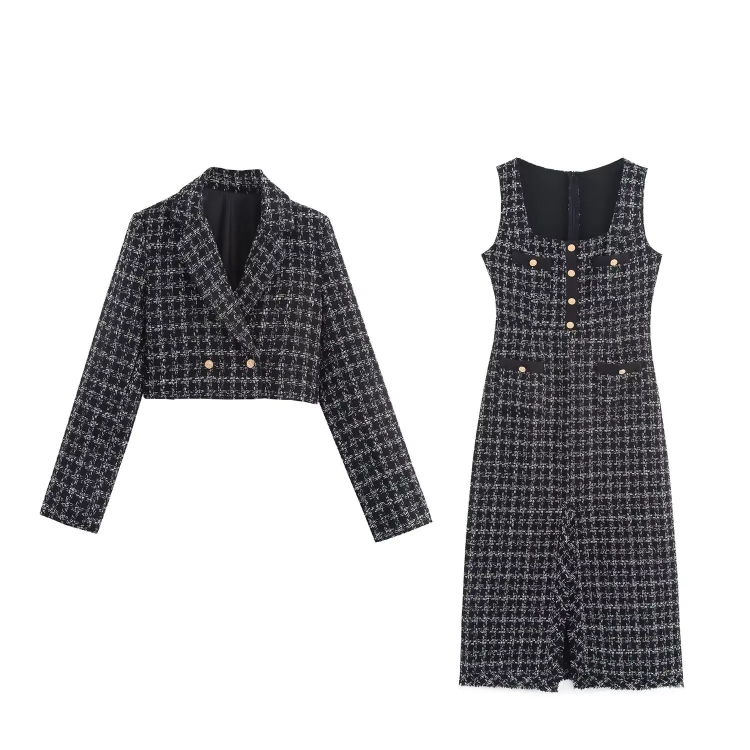 

2 Piece Set Plaid Textured Split Long Dresses Sets Women Autumn Long Sleeve Coarse Tweed Blazer +Quare Collar Front Midi Skirt