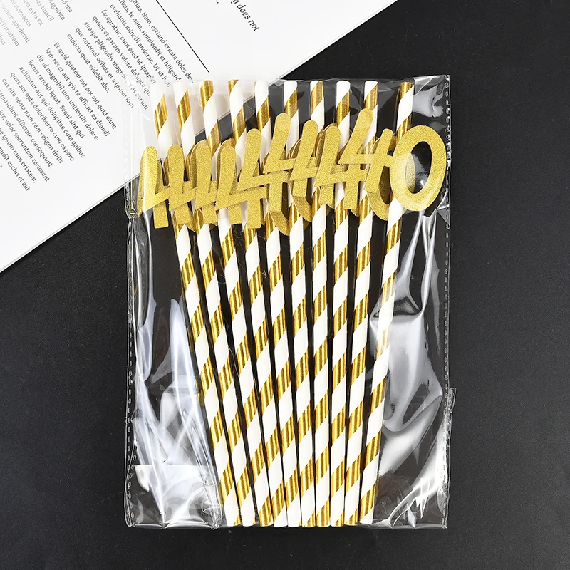 

10Pcs 30th 40th 50th 60th Adult Birthday Straws Gold Striped Glitter Number Paper Straws Birthday Party Supplies Anniversary Day