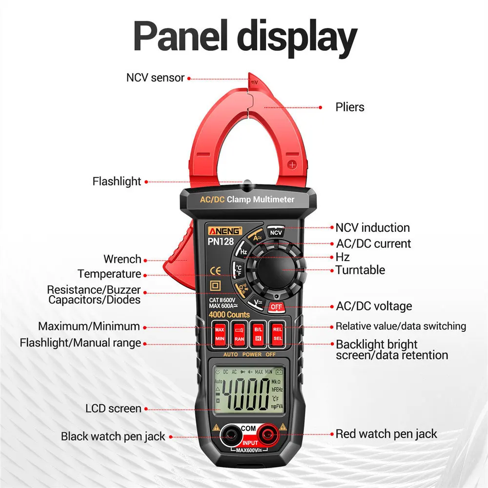 ANENG PN128 Clamp Meter AC/DC Voltage Tester 600A Current Clamp NCV True Rms Multimeter Clamp Auto Ranging Electrician Tools