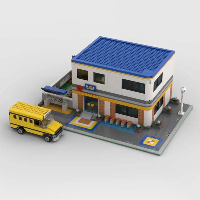 MOC School Modular Architecture City Street View Model DIY Advanced Difficulty Puzzle Building Blocks Toys Kid's Bricks Gifts