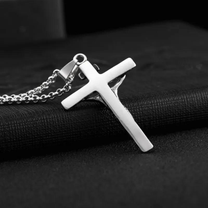 HNSP Jesus Cross Stainless Steel Pendant Chain Necklace For Men Jewelry Catholic Crucifixes Rosaries Religion Accessories