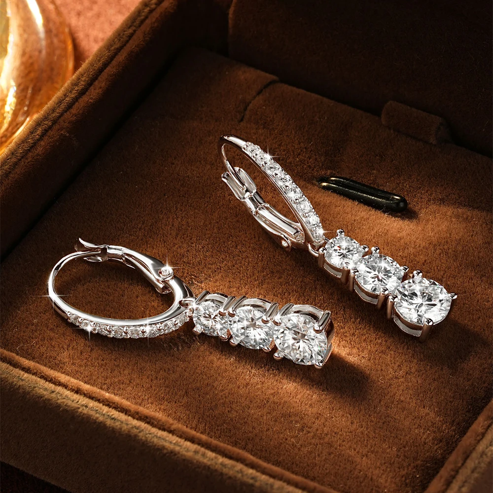 OXTAO Luxury Moissanite Drop Earrings 6mm&5mm&4mm Female Jewelry 3-Stone Pendant Earring Engagement Wedding Gift 14K Gold Filled