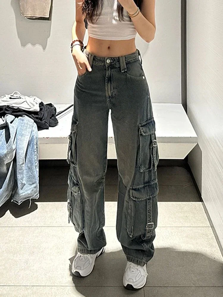 Women Low Waist Blue Jeans with Side Belt Pocket Techwear Boyfriend Baggy Loose Wide Straight Leg Casual Denim Pant harajuku y2k