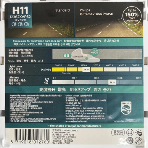 Imagen 2 del producto Philips x-treme Vision Pro150 H11 12V 55W PGJ19-2 + 150% bombillas brillantes para coche faros halógenos lámparas originales para automóvil, 2 uds.