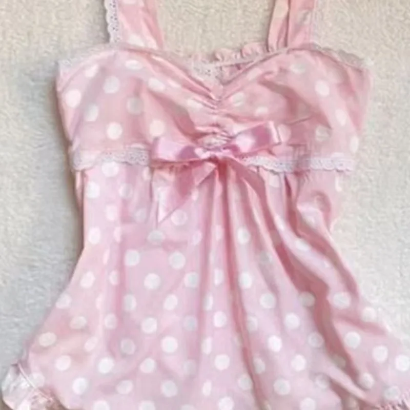 Sweet Kawaii girl Chic Camisole Japanese subculture Bow halter vest Harajuku pop lace stitching tanks women's cute slim-fit tops