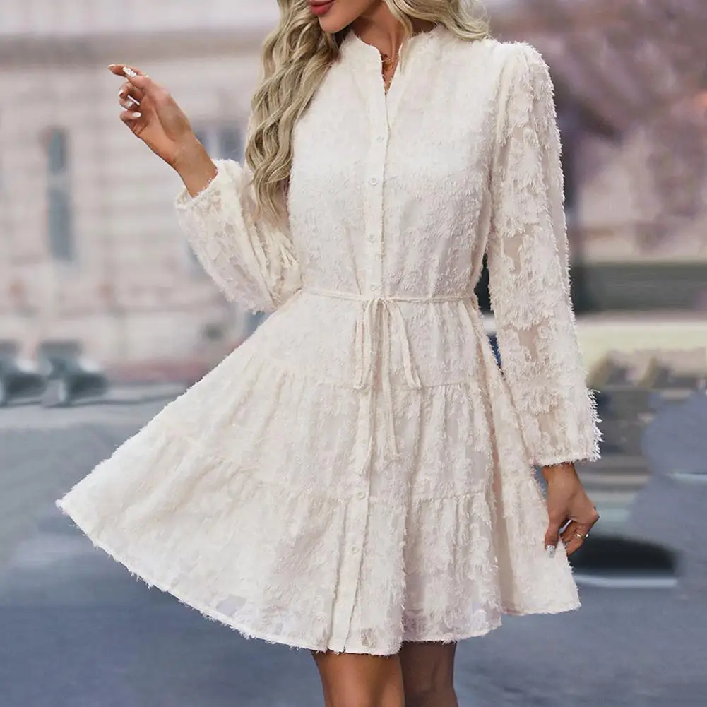 

Solid Color Lace Dress Solid Color Midi Dress Elegant Lace Midi Dress for Women with Long Sleeves Slim Waist for Fall Spring