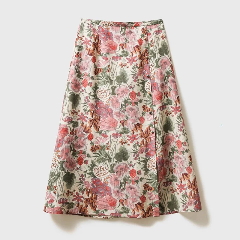 Bloemen Vintage Elegante Rok Vrouwen 2024 Lente/Zomer Nieuw In Draperende Kant Split Rok Olieverf A-Lijn Kleding Casual Vakantie