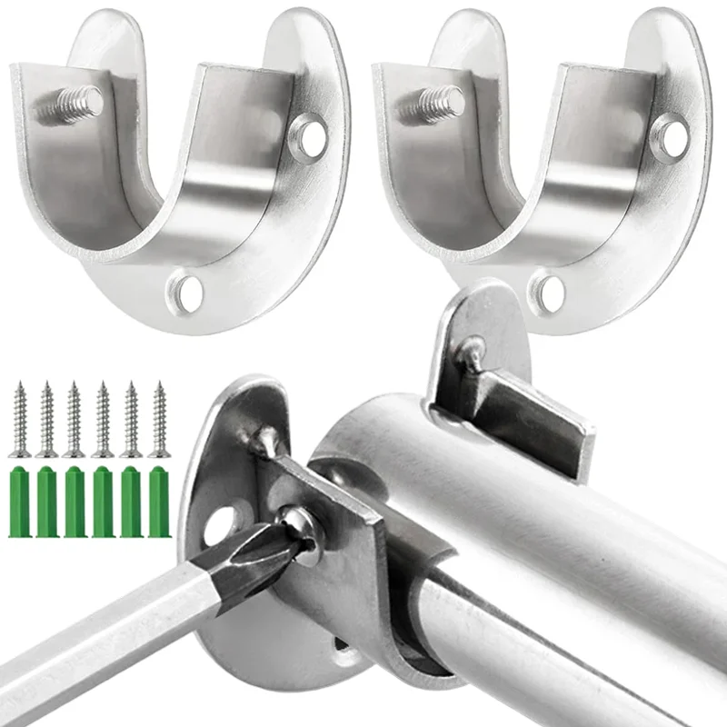 Flange Rod Bracket Stainless Steel Wardrobe Closet Rod Holder U-Shape Tube Socket Shower Curtain Rod Support Brackets with Screw
