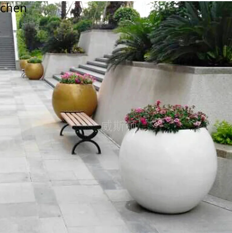 ZML Round Fiberglass Flower Pot Spherical Flower Bowl for Mall Office Building Greenery Planting