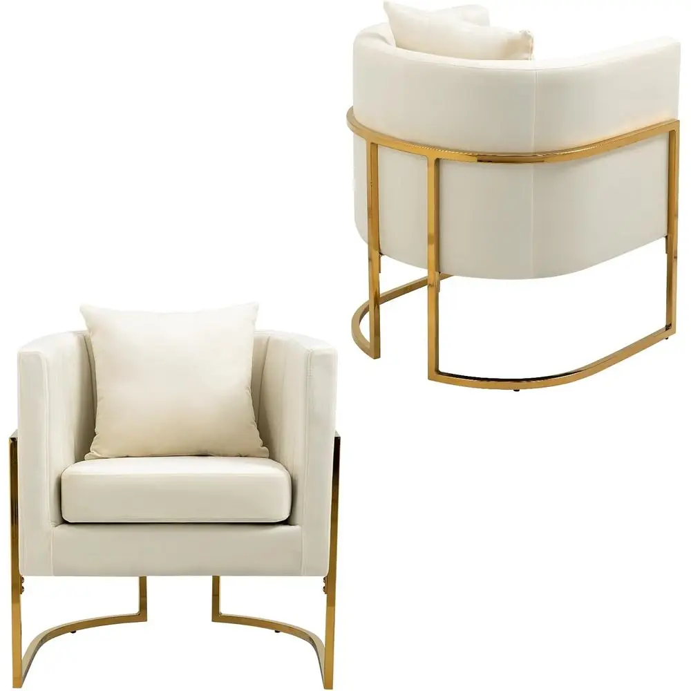 Pair of White Velvet Club Chairs with Gold Legs for Living Room or Bedroom