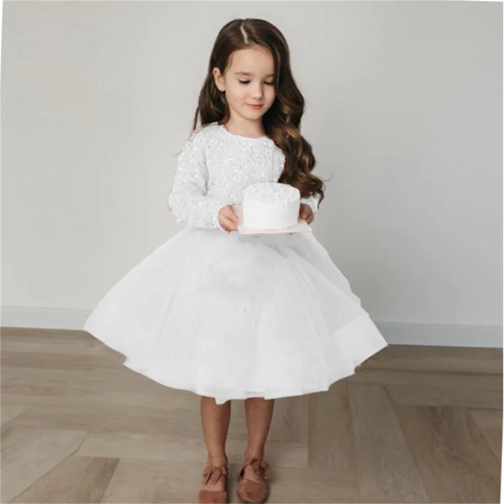 White Birthday Flower Girls Dresses for Kids 2024 Summer Full Sleeve Communion Gowns with Sequined Zipper Back Wedding Prom