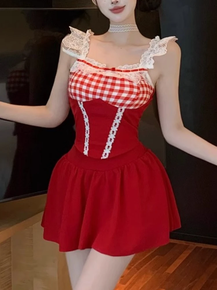 

French Sweet Hottie Летний комплект из 2 предметов для женщин Y2k Sling Slim Camisole + мини-юбка с высокой талией Женская сексуальная корейская одежда в стиле ретро