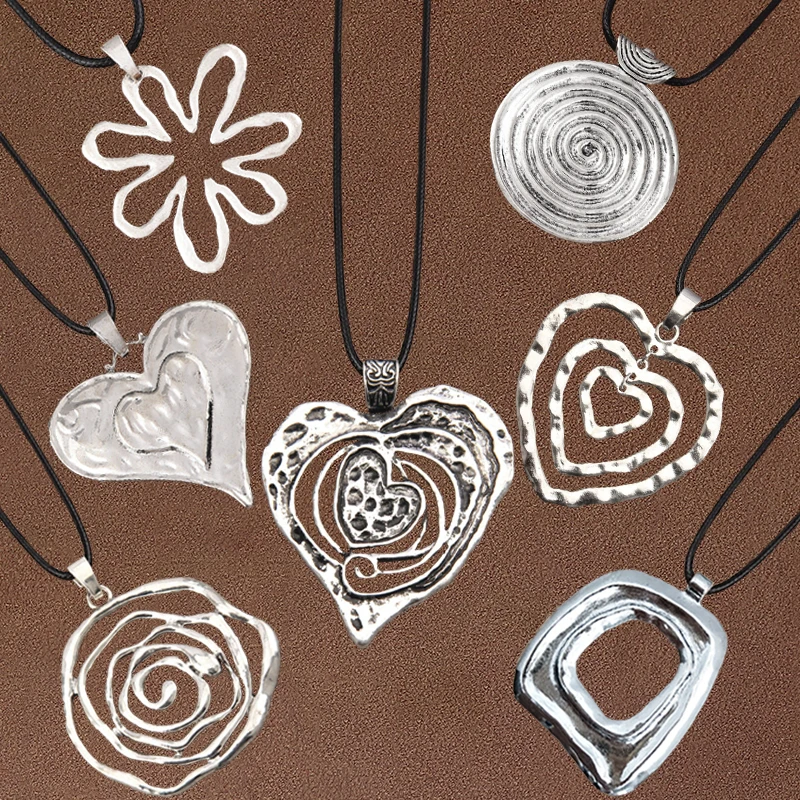 

1 x Tibetan Silver Color Large Flower/Round/Heart Design Pendant Long Wax Rope Chain Necklace,Bohemia Tribal Style Jewellery