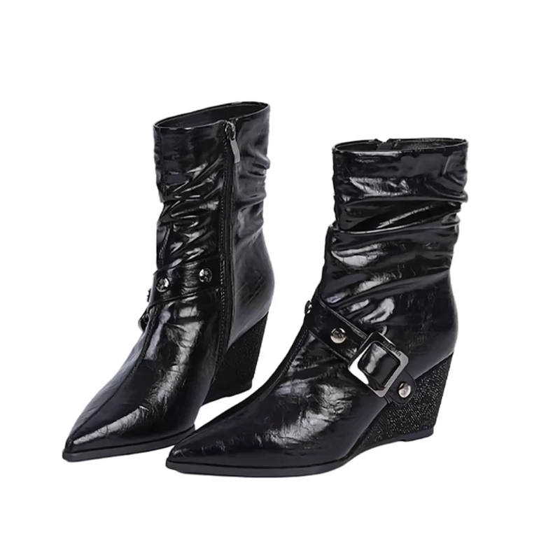 أسافين النساء الأحذية الجلد المدبوغ عالية الكعب أشار حذاء مزود بفتحة للأصابع مثير حفلة شتاء جديد 2025 موضة حذاء من الجلد الاتجاه مشبك مضخات Zapatos #6