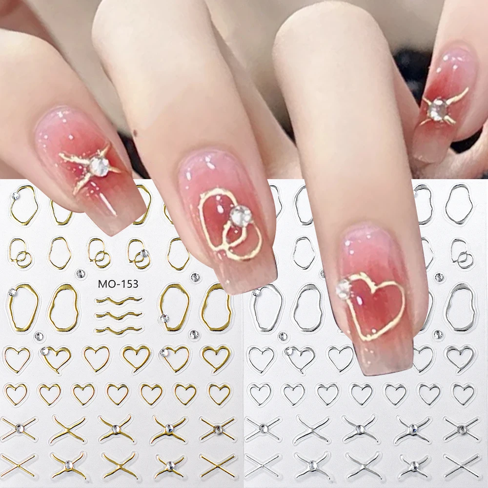 2pcs 3D Nail Art Stickers With Shiny Rhinestones Black Gold Stars Heart Strips French Nails Tips Nail Decals DIY Manicure Decor