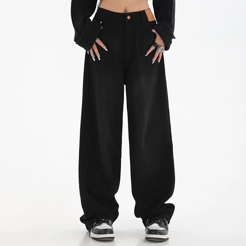 Streetwear Lady High Waist Jeans Girls Solid Color Wide Leg Trousers Women Korean Retro Fashion Baggy Denim Pants
