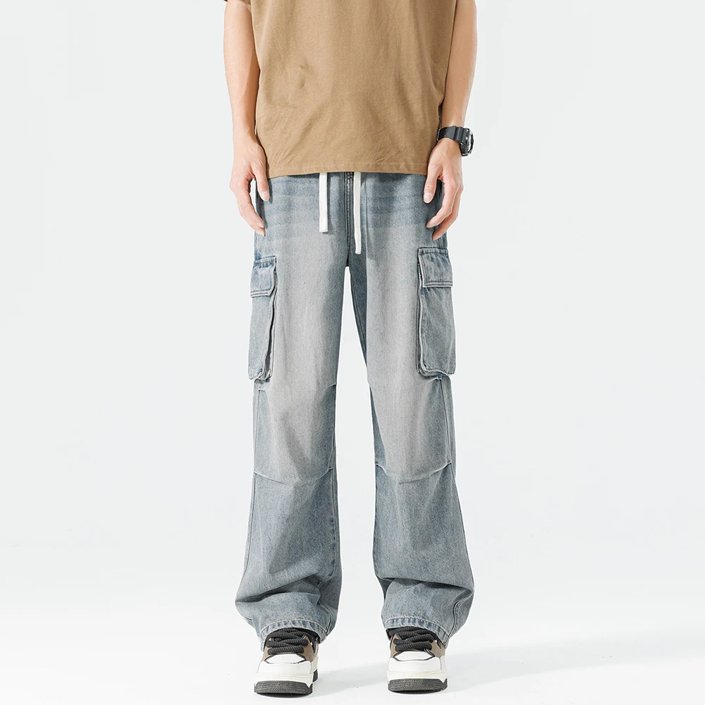 하이 스트리트 레터 자수 프라이드 스트리트 팬츠, 힙합 레트로 루즈 남성 데님 바지, 스트레이트 스트리트웨어, 캐주얼 청바지