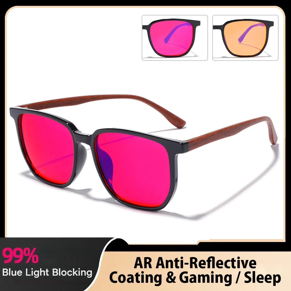 New 99% Blue Light Blocking Glasses with Coated Lenses, Wood-Grain Temples, Red PC Lenses, Gaming Eyewear,1Pack