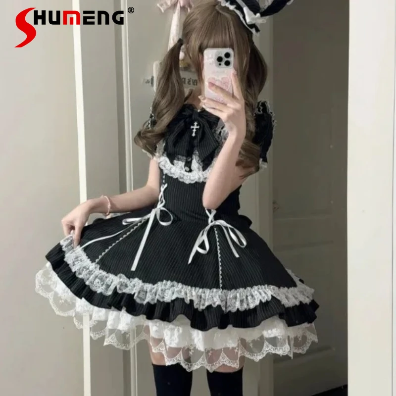 

Sweet Cute Design Outfit Dress Y2k Clothes Ladies Japanese Lolita Lace-up Op Vestidos Black And White Striped Six-piece Dresses