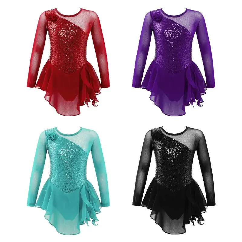 Sequins Ballet Dance Dress for Kid Girls Long Sleeve Ballerina Dance Leotard Gymnastics Performance Hollow Back Tulle Tutu Dress