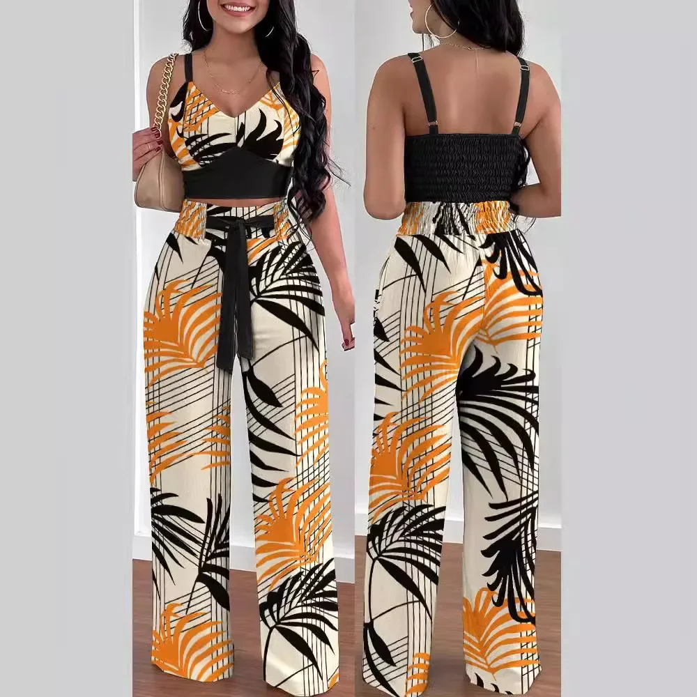 Africa Clothing 2 Piece African Clothes for Women Summer Sexy African Sleeveless Polyester Print Top Pant Matching Sets Outfits