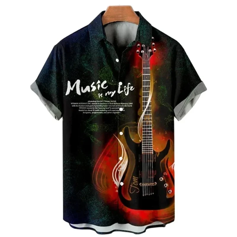 

Vintage Guitar Graphic Shirts Men Clothing 3D Print Music Symbol Short Sleeve Women Casual Shirt Hawaiian Fashion Lapel Blouse