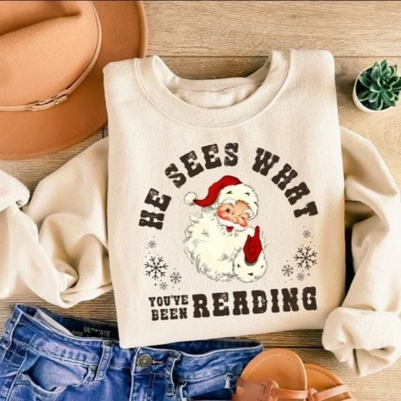 سويت شيرت He See What You've Re Reading مضحك للكريسماس برقبة دائرية وأكمام طويلة كاجوال ناعمة ومريحة بقلنسوة