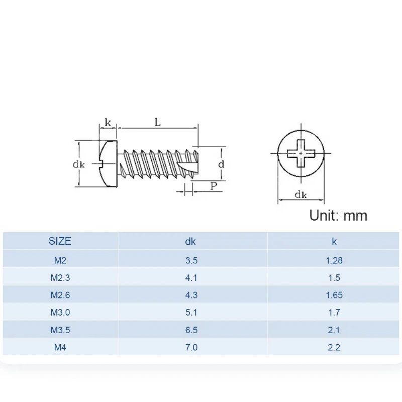 20/30/50/100PCS M2 M2.3 M2.6 M3 M3.5 M4Nickel Plated Cross Round Head Self Tapping Screw Cross Truncated Tail Self Tapping Screw