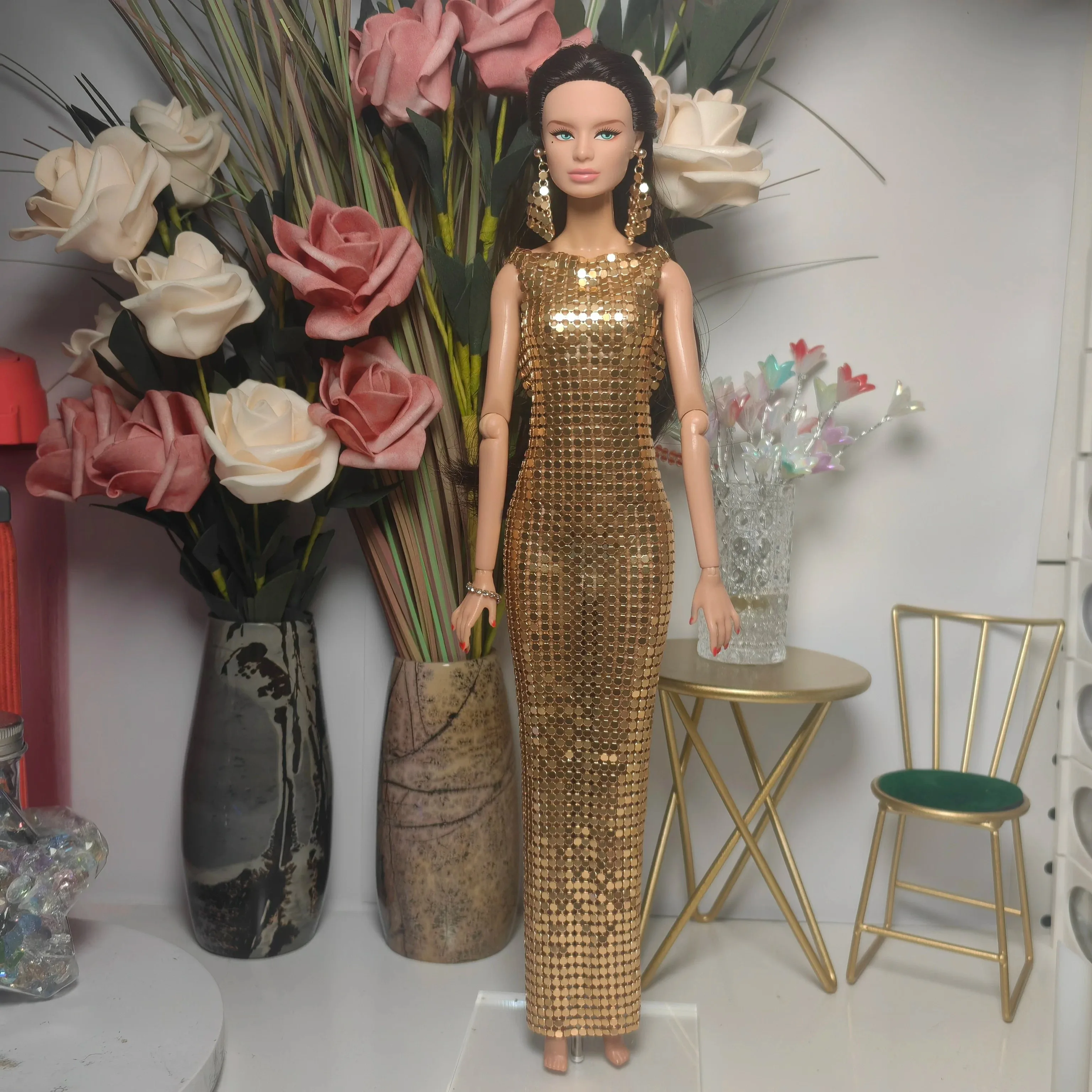 1/6 Doll Clothes Accessories Exquisite Luxurious Design Sequin Evening Gown+Metal Earring For 30cm Babi Supermodel Doll Dress Up