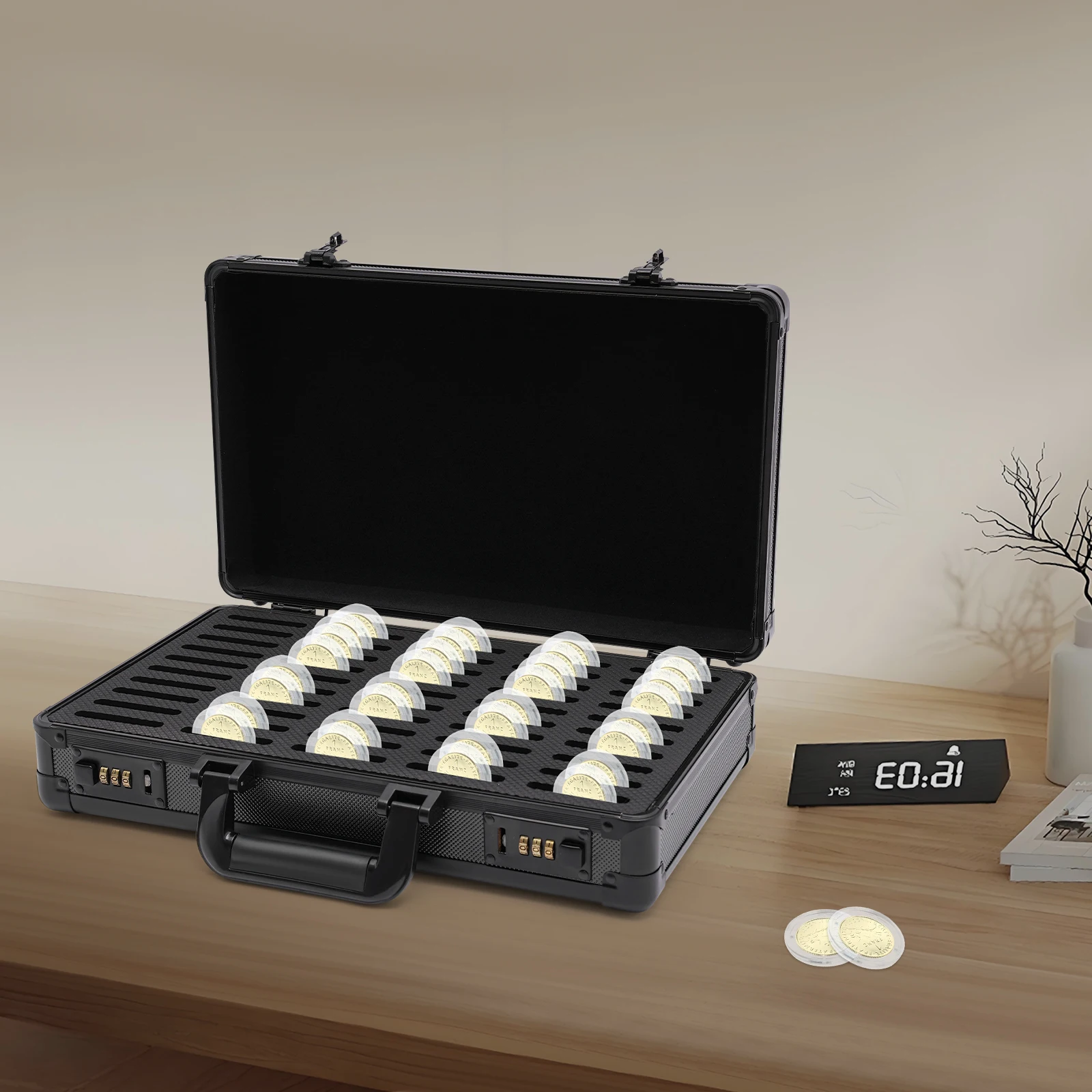 

Black Aluminum Alloy 41x25x11cm Fifty Coin Storage Box with Password Lock Storage Box Portable Coin Display Box