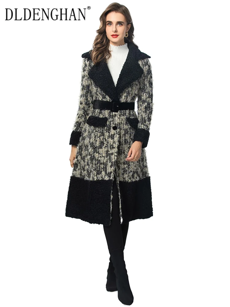 

DLDENGHAN Autumn Plaid Tweed Coat Women Turn-down Collar Long Sleeves Single Breasted Sashes Outerwear Fashion Designer New