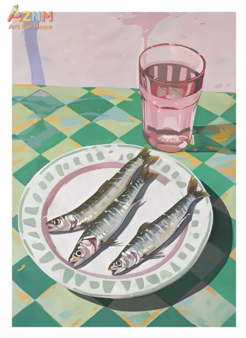 Sardine Fish Still Life Canvas Prints, Green Check Table Lemon Pink Glass Art, Coastal Kitchen Decor Unframed Canvas