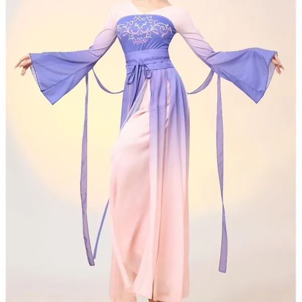 The lead dancer's dance practice costume features a graceful and elegant female figure, with a long gauze garment. It is a Chine