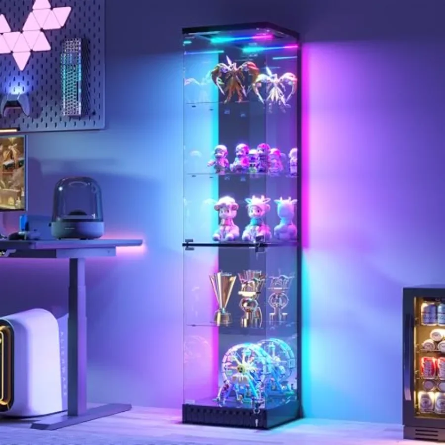 Lighted Glass Display Cabinet with Doors for Collectibles: tempered glass, black, LED interior lighting