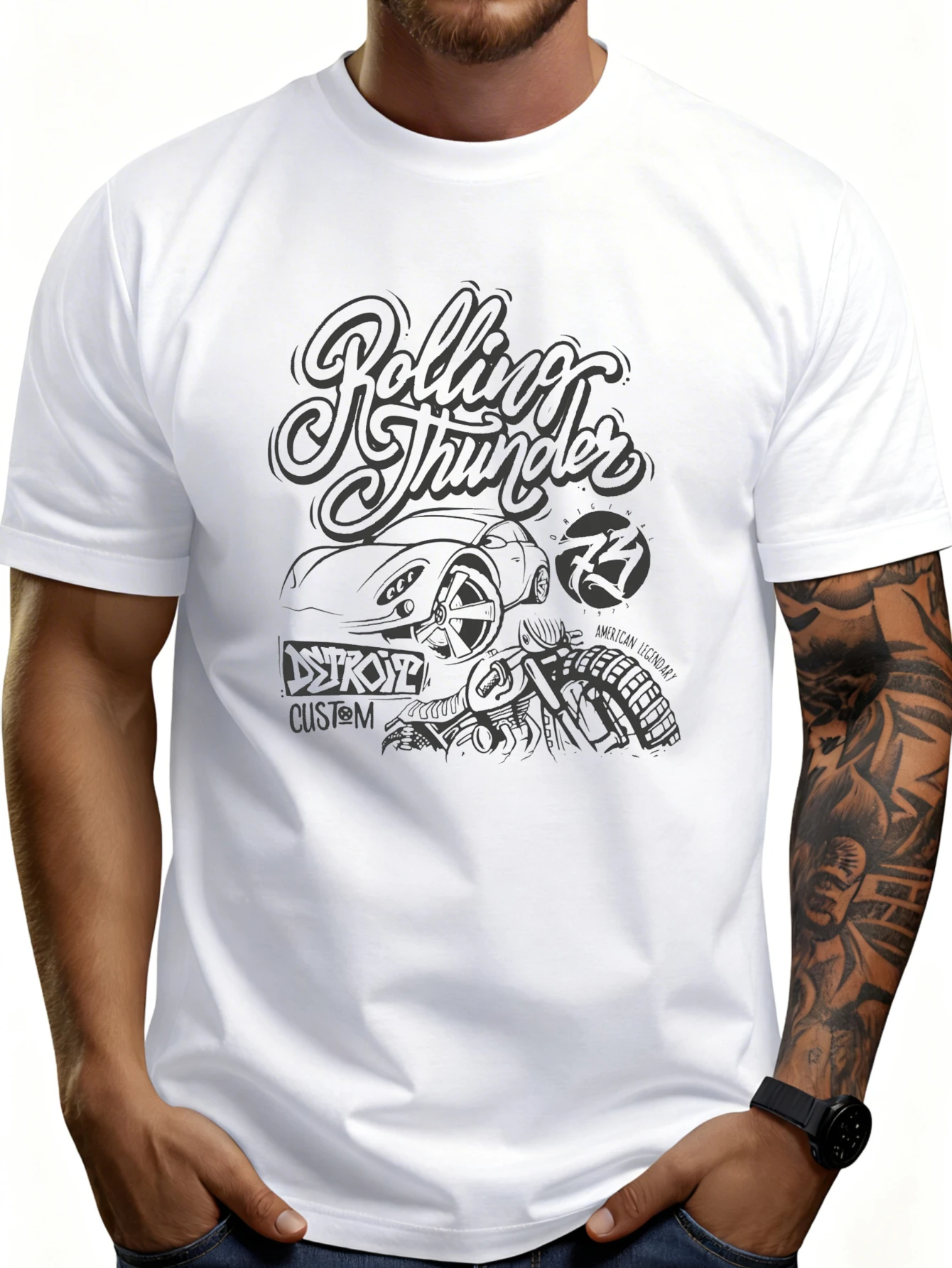 Casual Street Style Men's T-Shirt, Featuring a Thundering Car Graphic Design, Suitable for Spring and Summer Wear, a Gift for Car Enthusiasts and Fashion Lovers.
