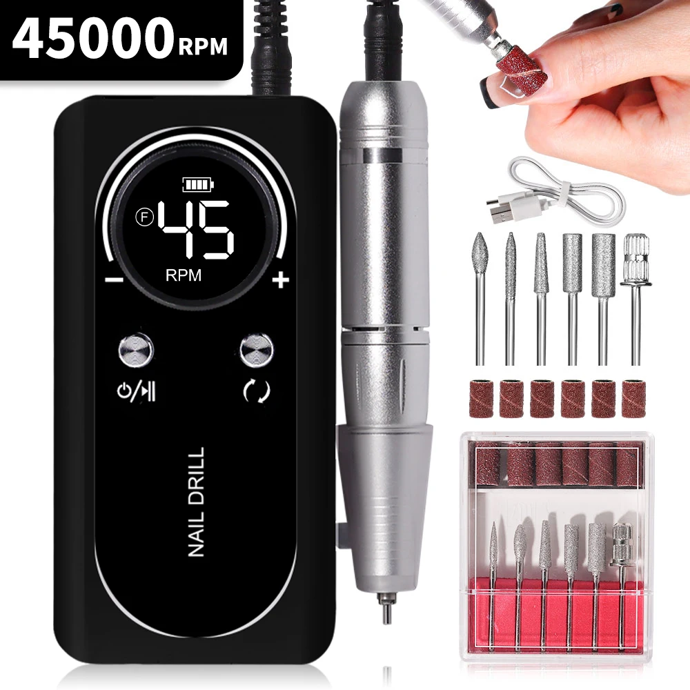 NEW Professional 45000RPM Electric Portable Nail Drill Machine Rechargeable Low Noise Nail Sander File for Manicure Salon Tool