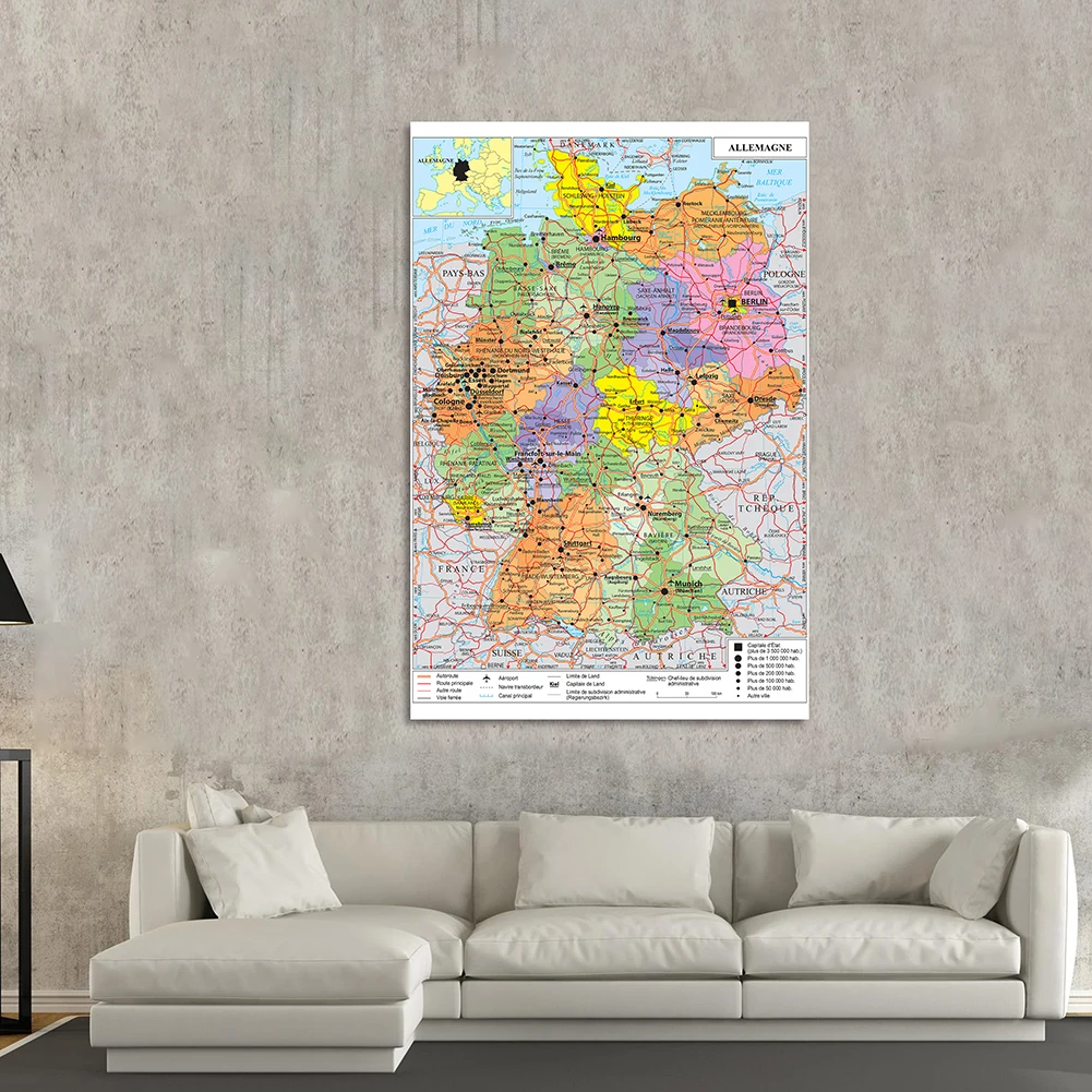 Mapa de transporte de Alemania, póster de pared francés de 150x100 Cm, lienzo de vinilo, pintura, suministros escolares, decoración del hogar