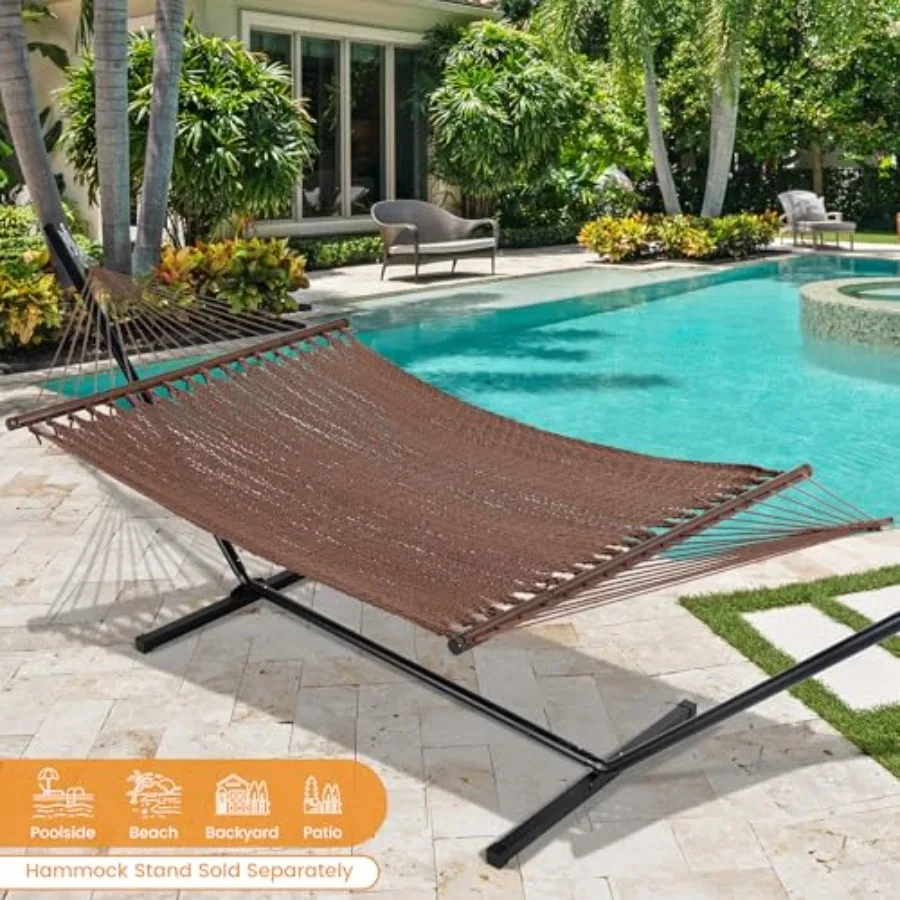 Outdoor patio hammock for 2+ persons, handwoven Caribbean rope style, brown polyester, 13FT with spreader bars, straps and cara