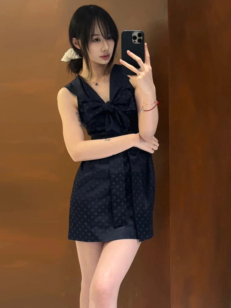 

South Oil High-End Women's Summer Hepburn Sle V-Ne Bow Tie Polka Dot Vest Dr Commute Simple High Waist Medium Softn