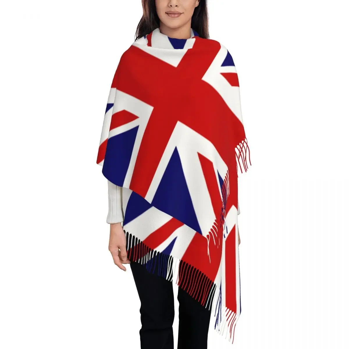 Womens Scarf with Tassel British Flag Union Jack Long Winter Fall Shawl and Wrap UK United Kingdom Reversible Cashmere Scarf