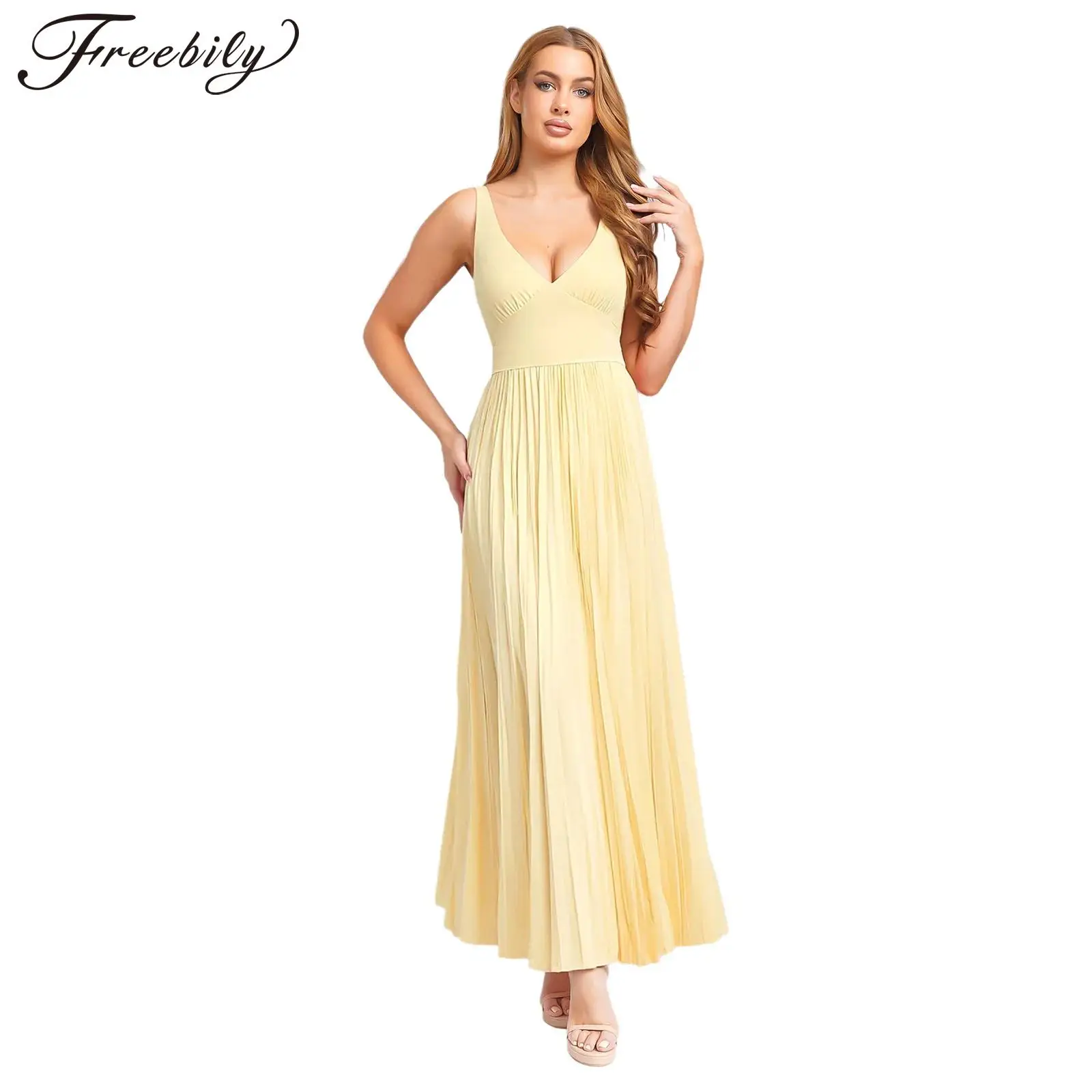 Womens Sundress Boho Lady Evening Gown Pleated A-line Long Dress Dress Sexy V Neck Party Vestidos Wedding Bridesmaid Dresses