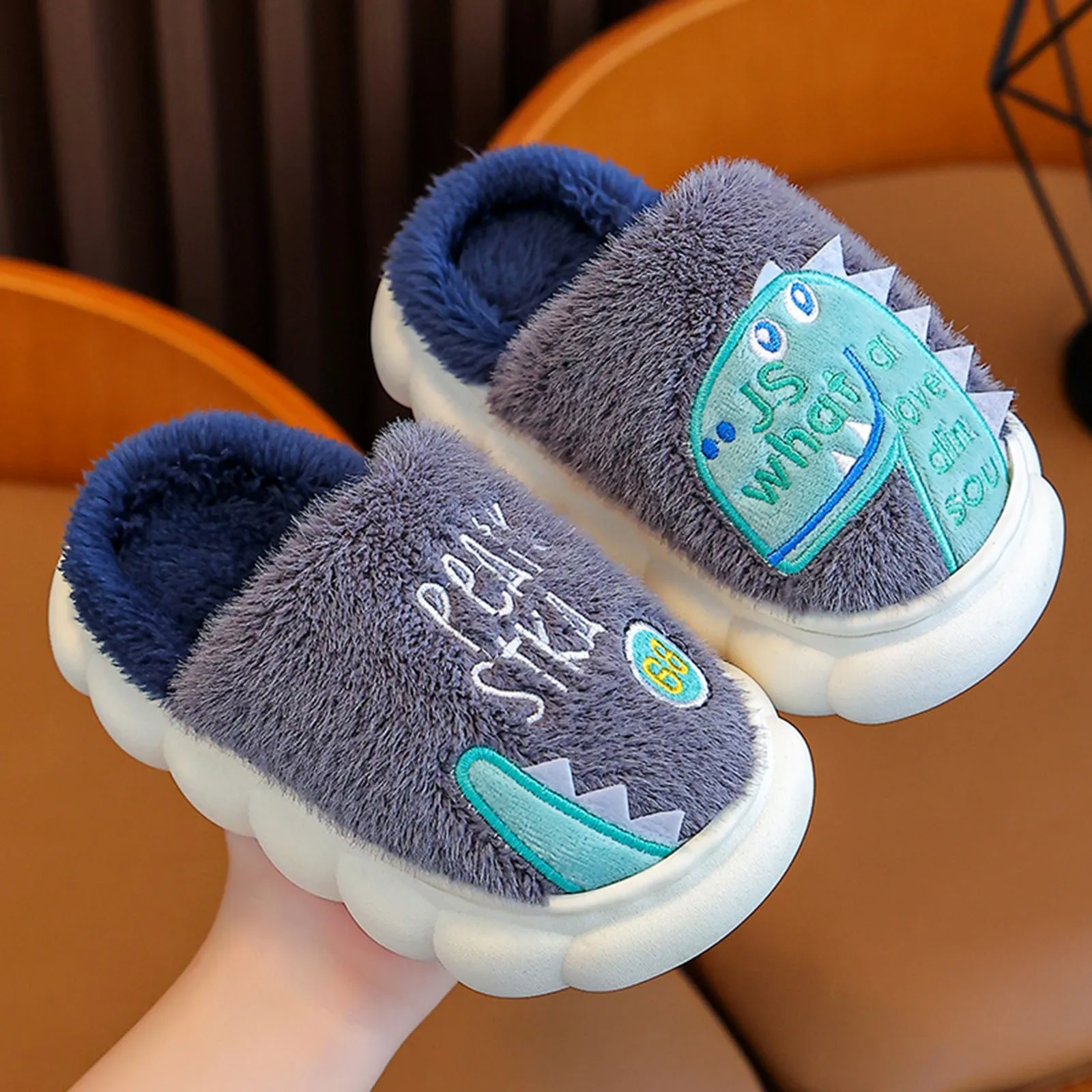 Winter Cute Cartoon Dinosaur Children Plush Slippers Soft Sole Warm Baby Boys Girls Indoor Home Non-slip Kids Thick Cotton Shoes