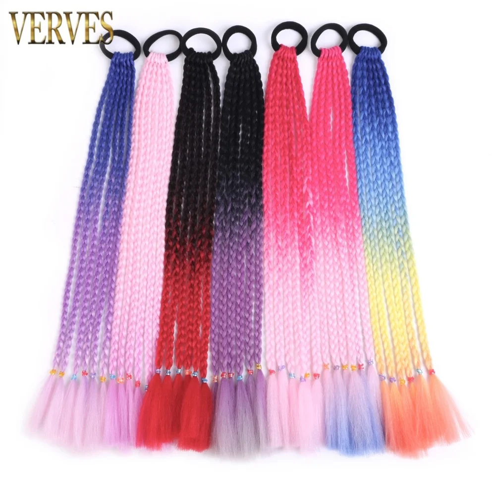 

2 шт. плетение волос Радужный синтетический хвост для наращивания с резинкой для волос 18-дюймовые маленькие косички для женщин и девочек красочные волосы
