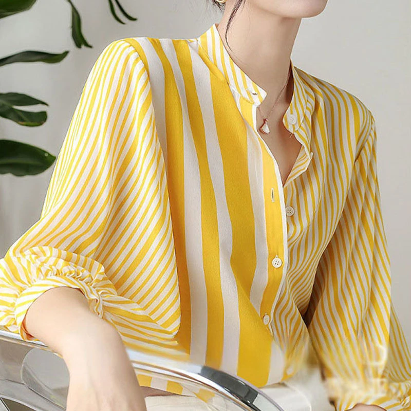 

Round Neck Korean Striped Printing Loose Women's Shirt Summer New Fashion Female Clothing 3/4 Sleeve Single-breasted Blouse L123