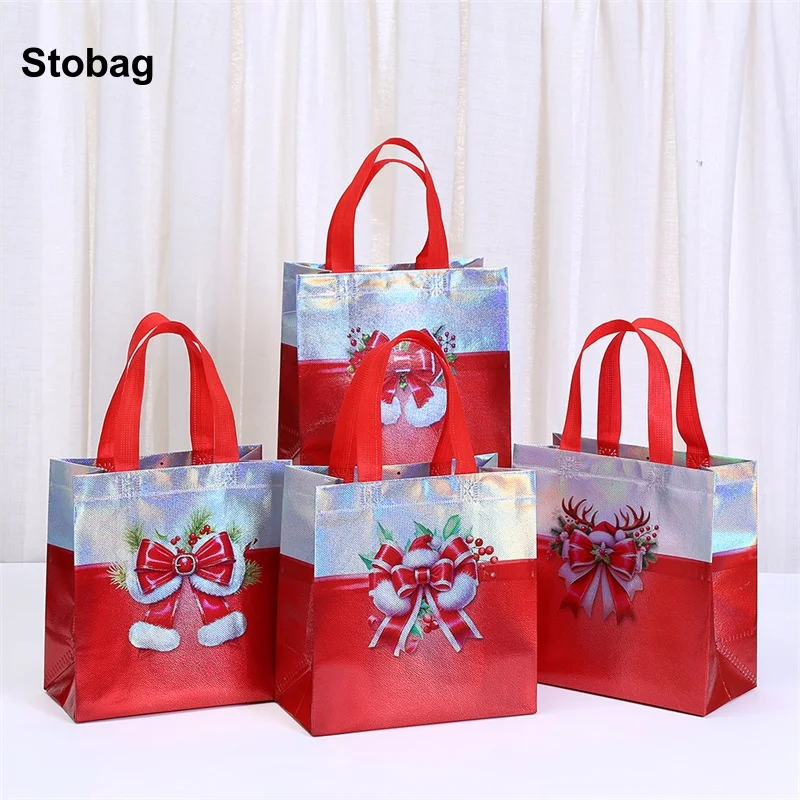 

StoBag 8/20pcs Merry Christmas Non-woven Tote Bag Bow Gift Fabric Kids Packaging for Candy Storage Reusable Pouch Party Favors