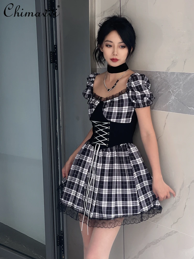 Japanese Subculture Sweet Cool Girl Lace Splicing Square Neck Puff Sleeve Lace-up High Waist Plaid Y2K Short Dress Women Summer