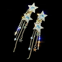 Korean Style Star Drop Earrings for Women New Bijoux Long Tassel Shiny Blue Crystal Dangle Earrings Jewelry Accessories
